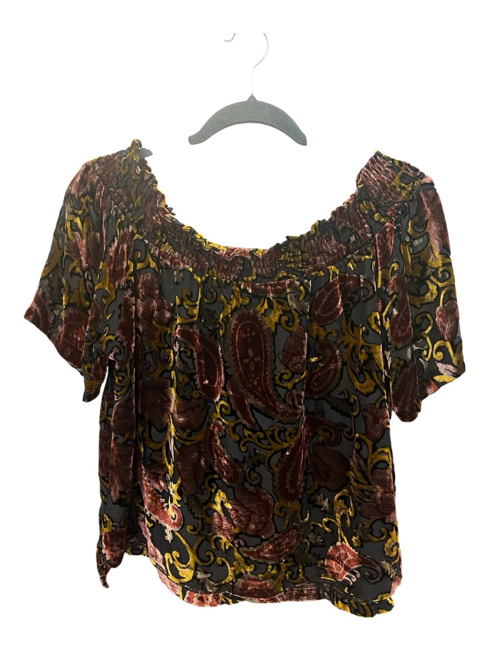 ANTHROPOLOGIE BELLE VERE Paisley Velvet Top - Black, Maroon & Gold